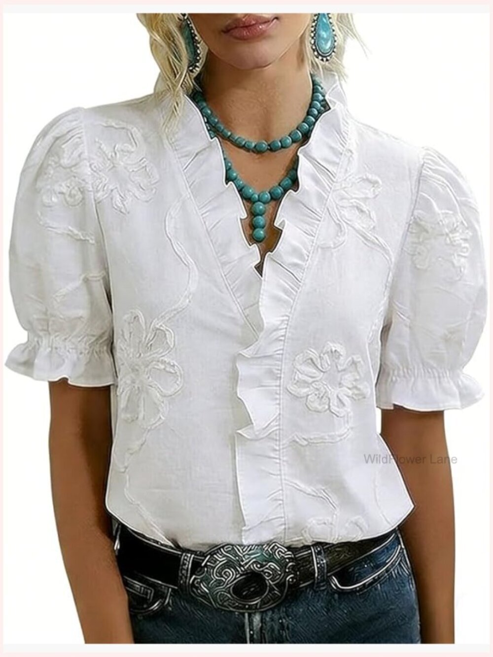 Embroidered Ruffle V-Neck Boho Blouse - Short Sleeve Cotton Top